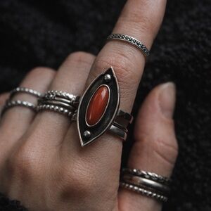 🧡Vintage Sterling Silver Marquise Ring with Red Resin Cabochon | Size 7✨